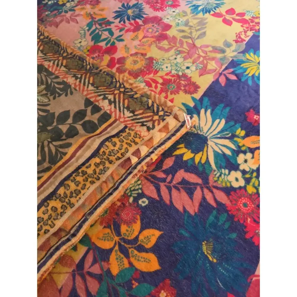 Johnny Was Reversible Cozy Blanket 68x74 Floral Leopard Patchwork Boho Bedding